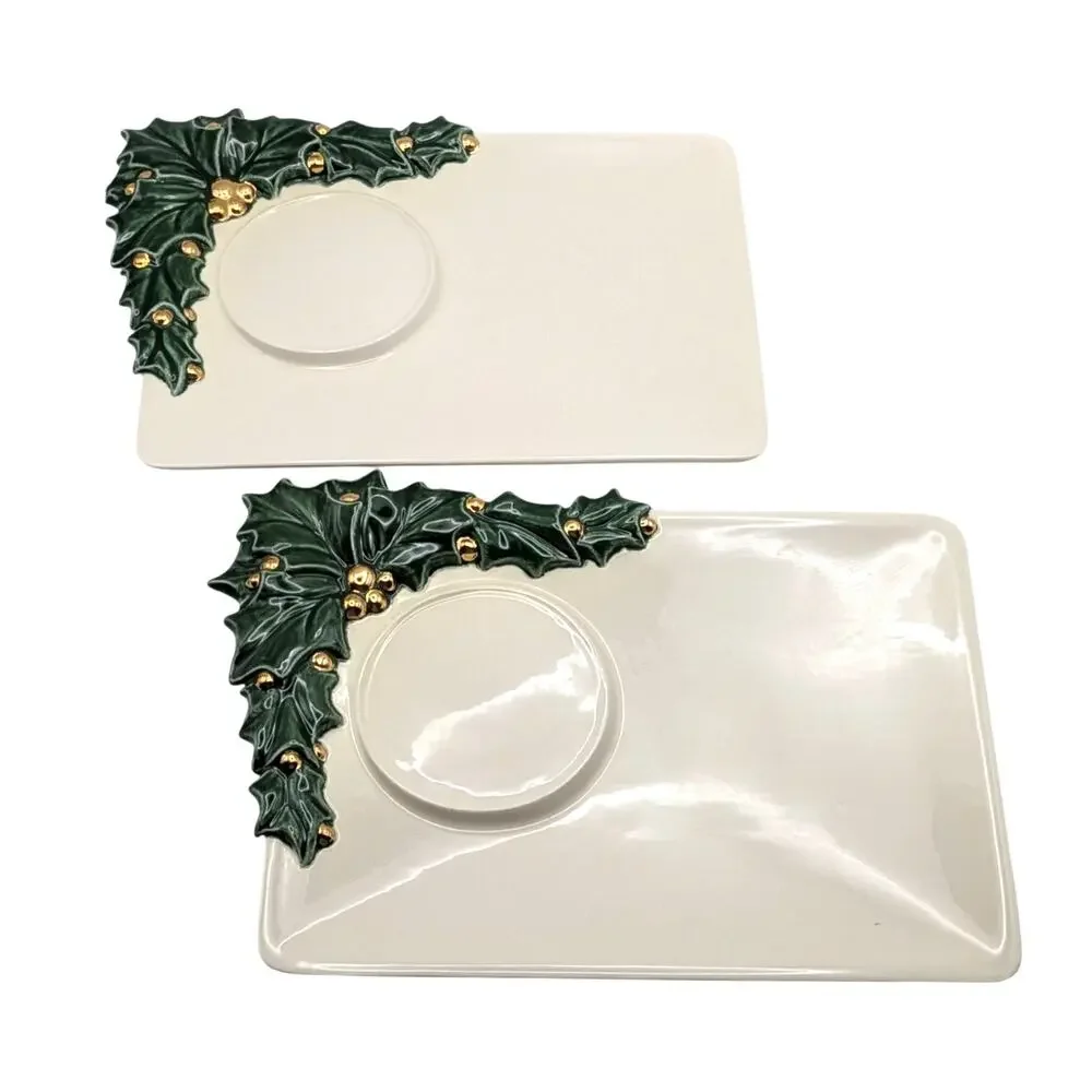 IRIS CERAMICS Holly Appetizer Plates Set 4 Drink Glass Holder Christmas Decor